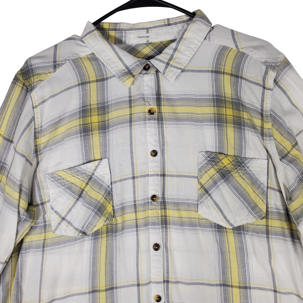 Maurices Womens Yellow Gray Plaid Button Down Shirt 100% Cotton Long Sleeve